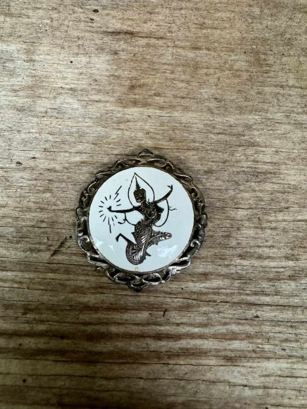 Siam Sterling Silver White Enamel Dancing Figure Brooch 1.75” Thailand